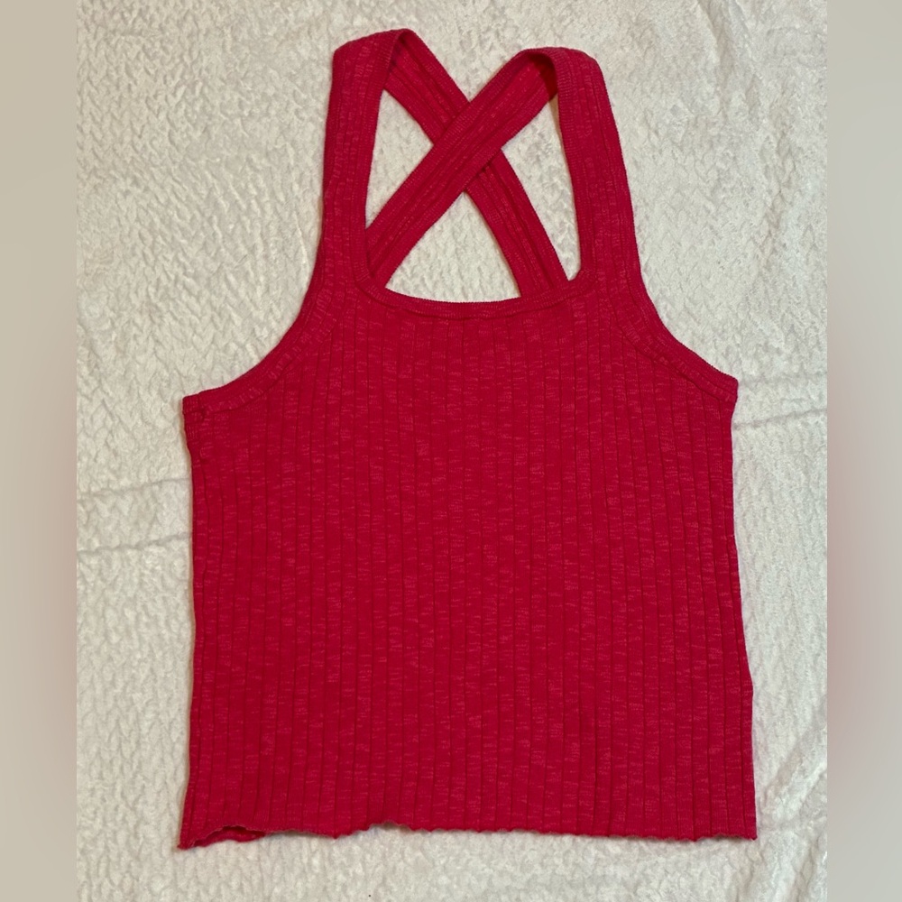 Pilcro Anthropologie Hot Pink Crop Cross-Back Knit Tank Sweater Coquette Boho L